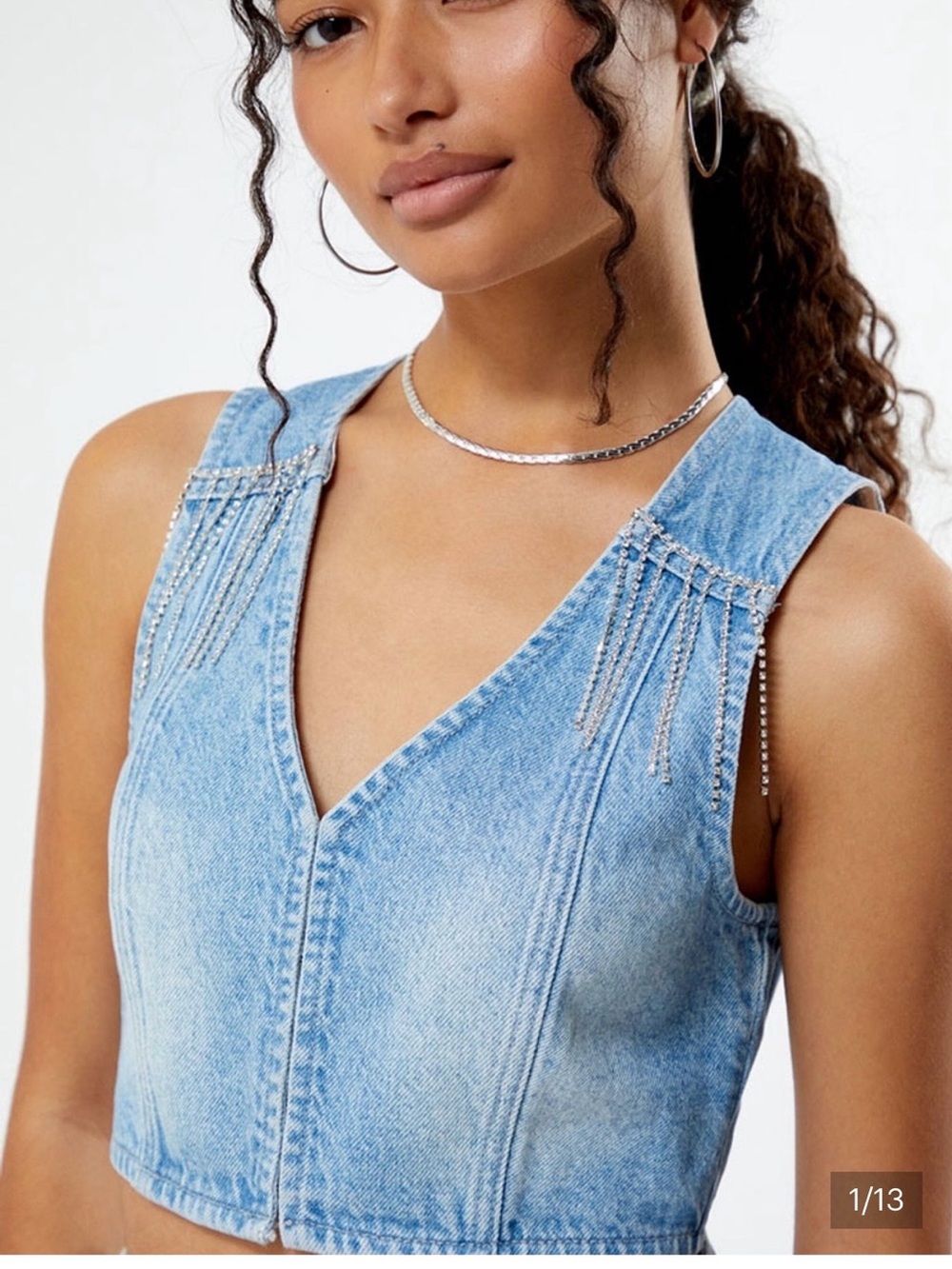NWT PacSun Rhinestone Fringe Denim Vest Crop Top L Western